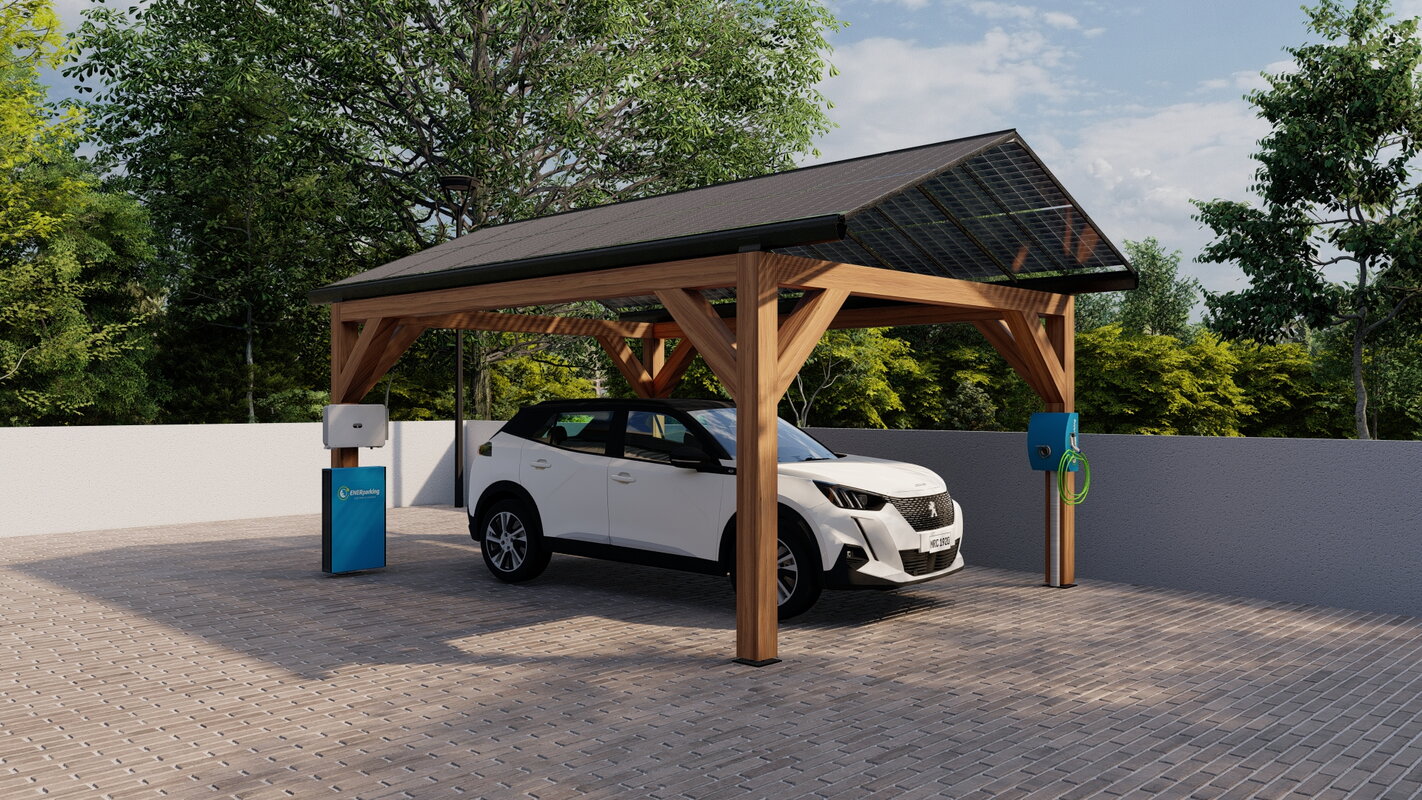 ENERparking pergola carport met laadpaal en zonnepanelen op het dak