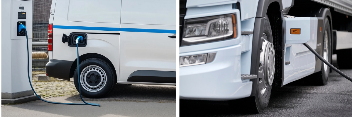 Elektrische bestelwagen (gemaakt met AI) en elektrische vrachtwagen 