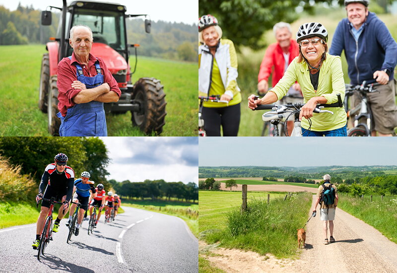Collega beelden weggebruikers Heuvelland auto, tractor, fietser, wandelaar en wielrenners