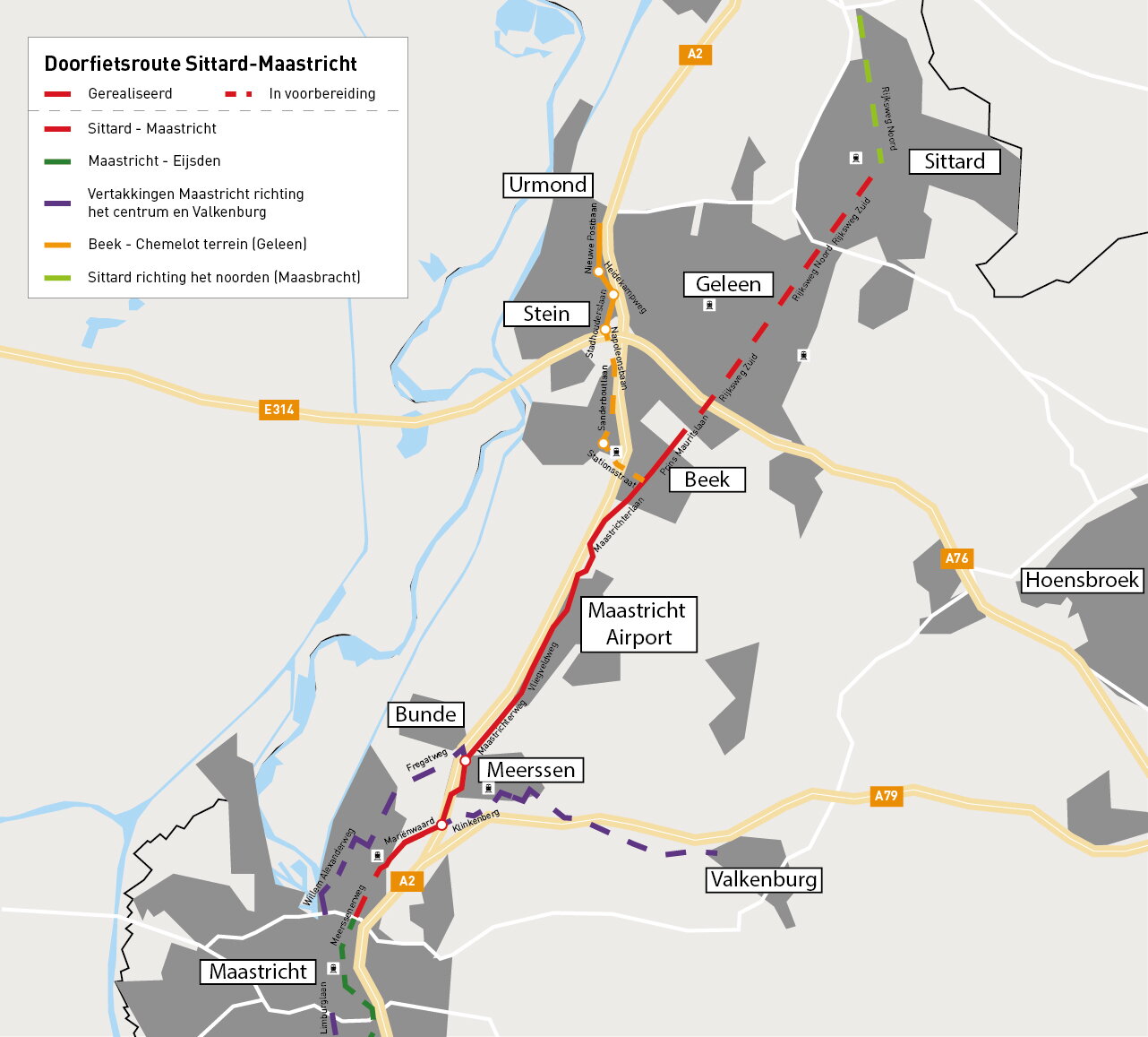 Kaart met de doorfietsroute Sittard-Maastricht
