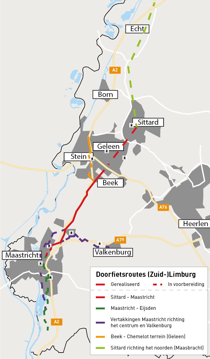Kaart met de doorfietsroutes in (Zuid-)Limburg