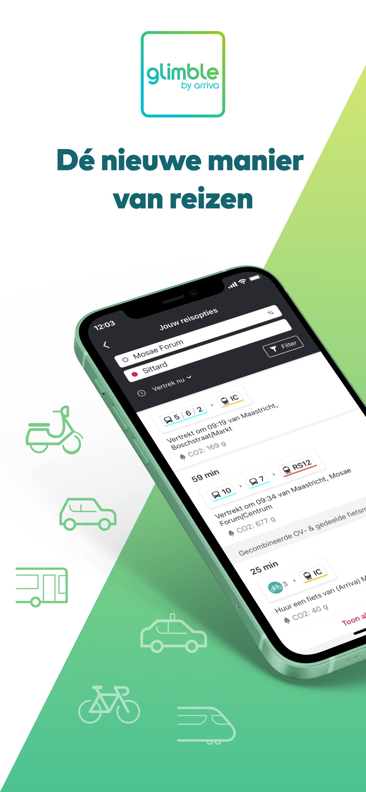 glimble telefoon met screenshot van de app - slogan glimble dé nieuw manier van reizen