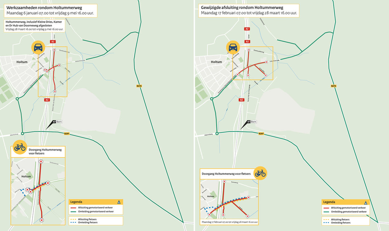 Kaart werkzaamheen Holtummerweg gewijzigde situatie vanaf 17 februari 2025 tot aan 9 mei 2025 met ingetekend de afsluiting en omleiding