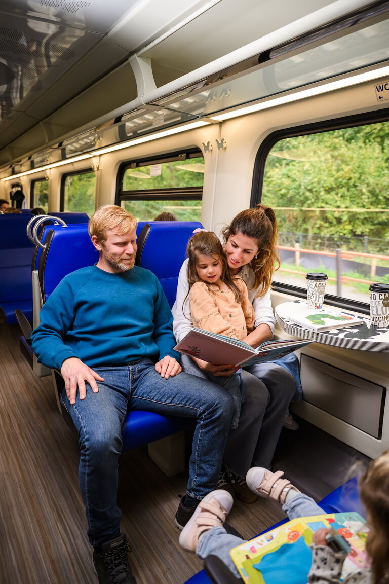 Gezin samen in de trein - moeder met kind op de schoot leest samen een boekje en vader zit er naast.